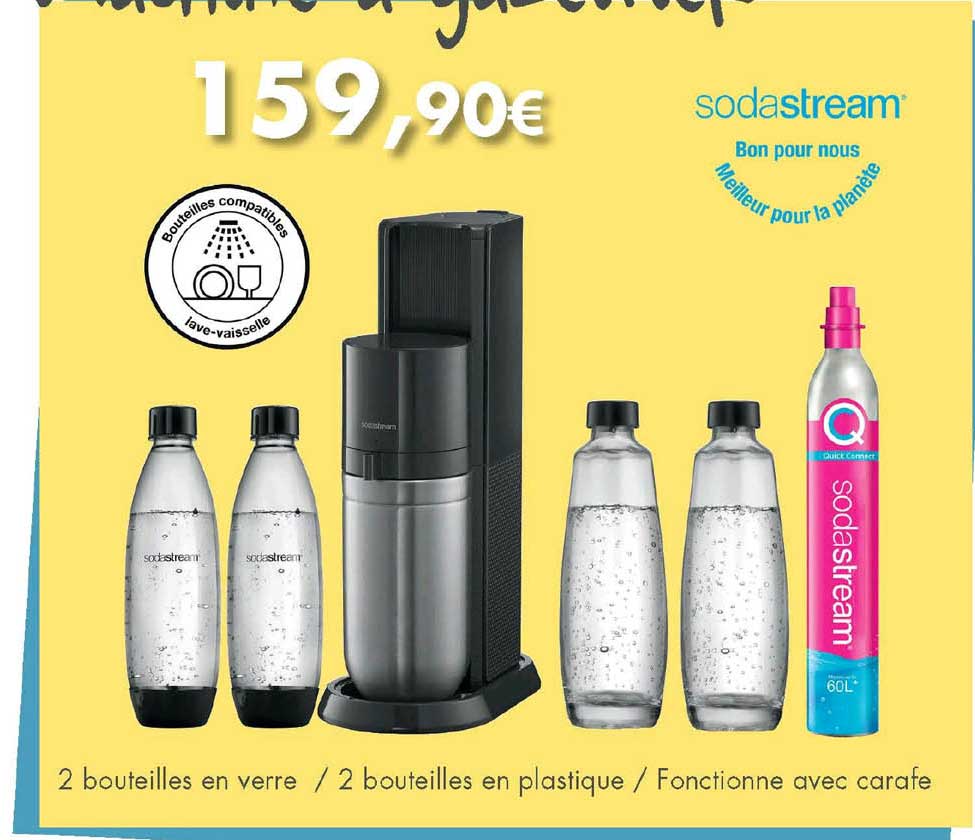 2 bouteilles en verre - 2 bouteilles en plastique - fonctionne avec carafe sodastream