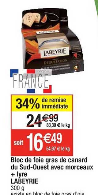 bloc de foie gras de canard du sud-ouest avec morceaux + lyre labeyrie