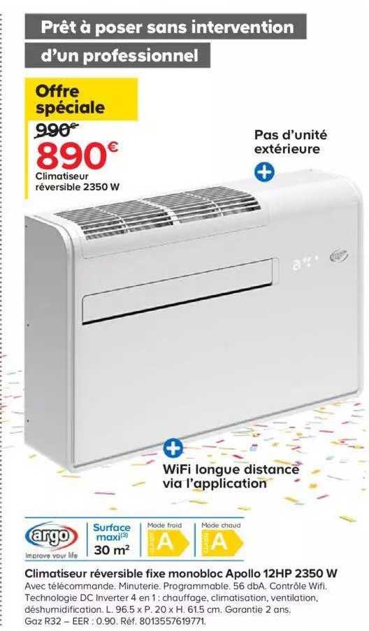 climatiseur réversible fixe monobloc apollo 12hp 2350 w argo