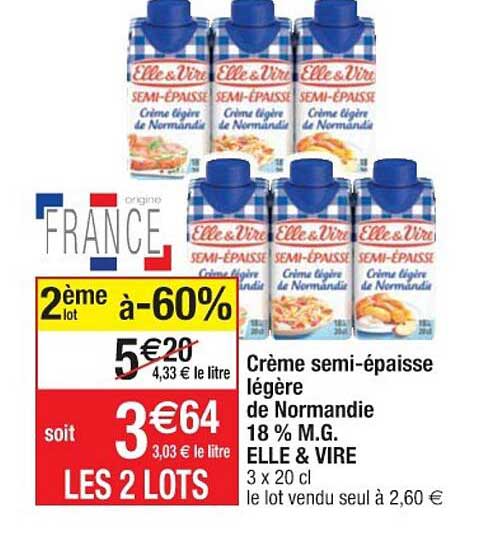 crème semi-épaisse légère de normandie 18% m.g. elle & vire