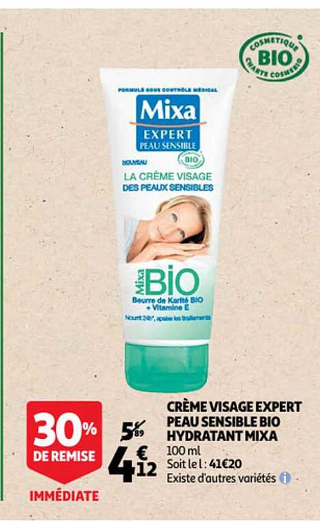 crème visage expert peau sensible bio hydratant mixa