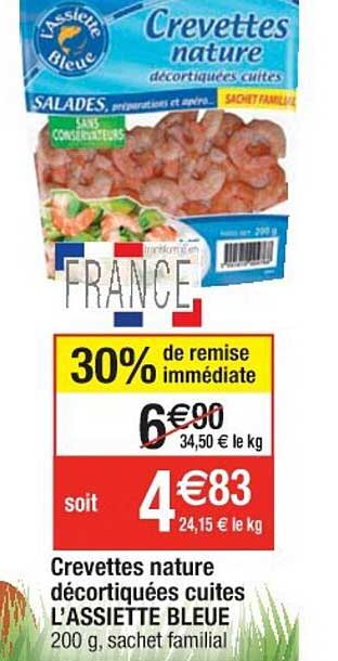 crevettes nature décortiquées cuites l'assiette bleue