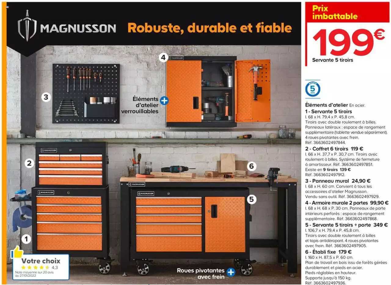 éléments d'atelier : servante 5 tiroirs, coffret 6 tiroirs, panneau mural, armoire murale 2 portes, servante 5 tiroirs + porte, établi fixe