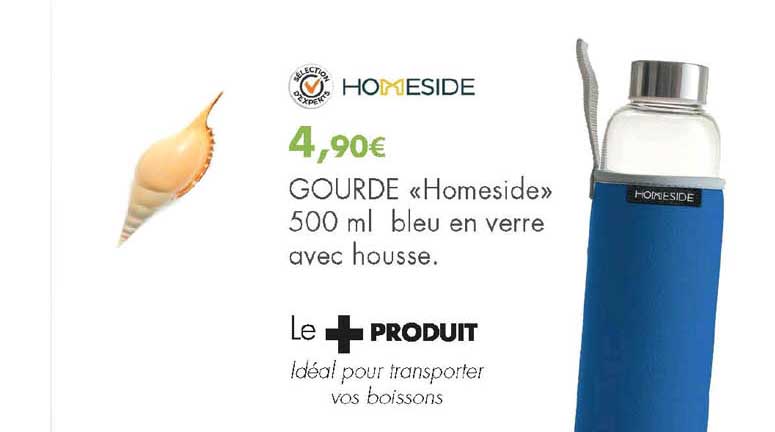 Gourde "homeside" 500 Ml Bleu En Verre Avec Housse