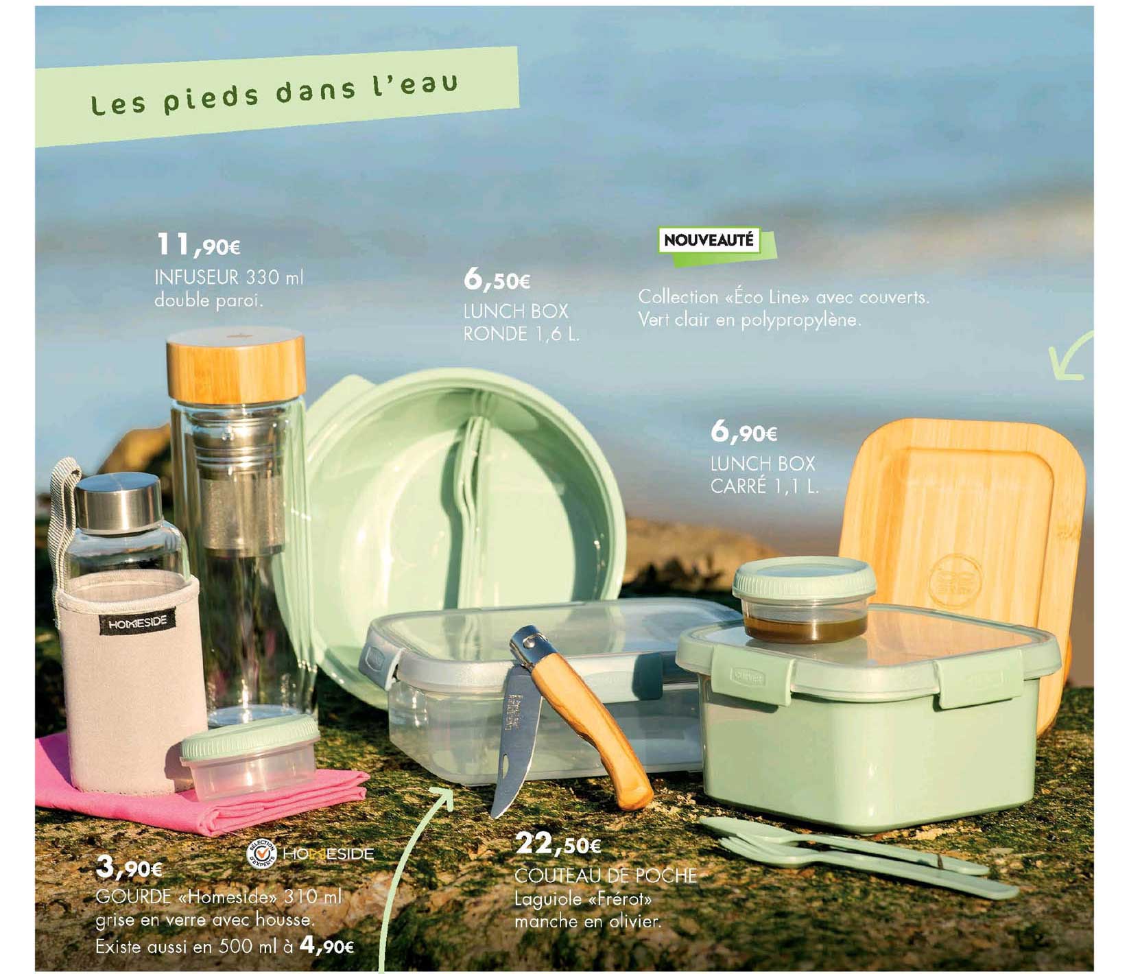 infuseur 330 ml double paroi, lunch box ronde 1,6 l, collection "éco line" avec couverts, lunch box carré 1,1 l, gourde "homeside" 310 ml, couteau de poche laguiole "frerot"