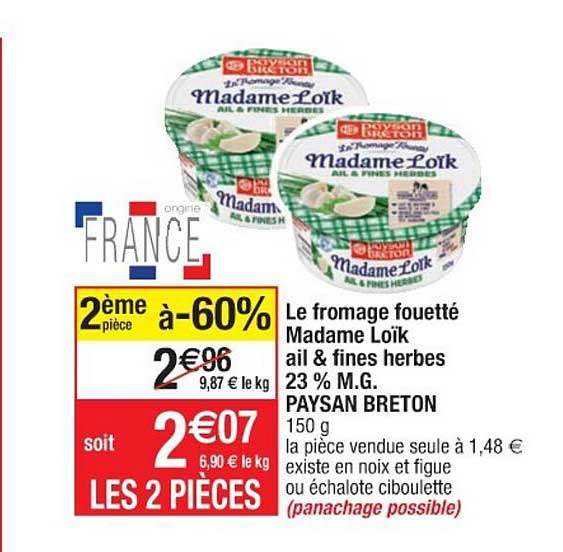 le fromage fouetté madame loïk ail & fines herbes 23% m.g. paysan breton