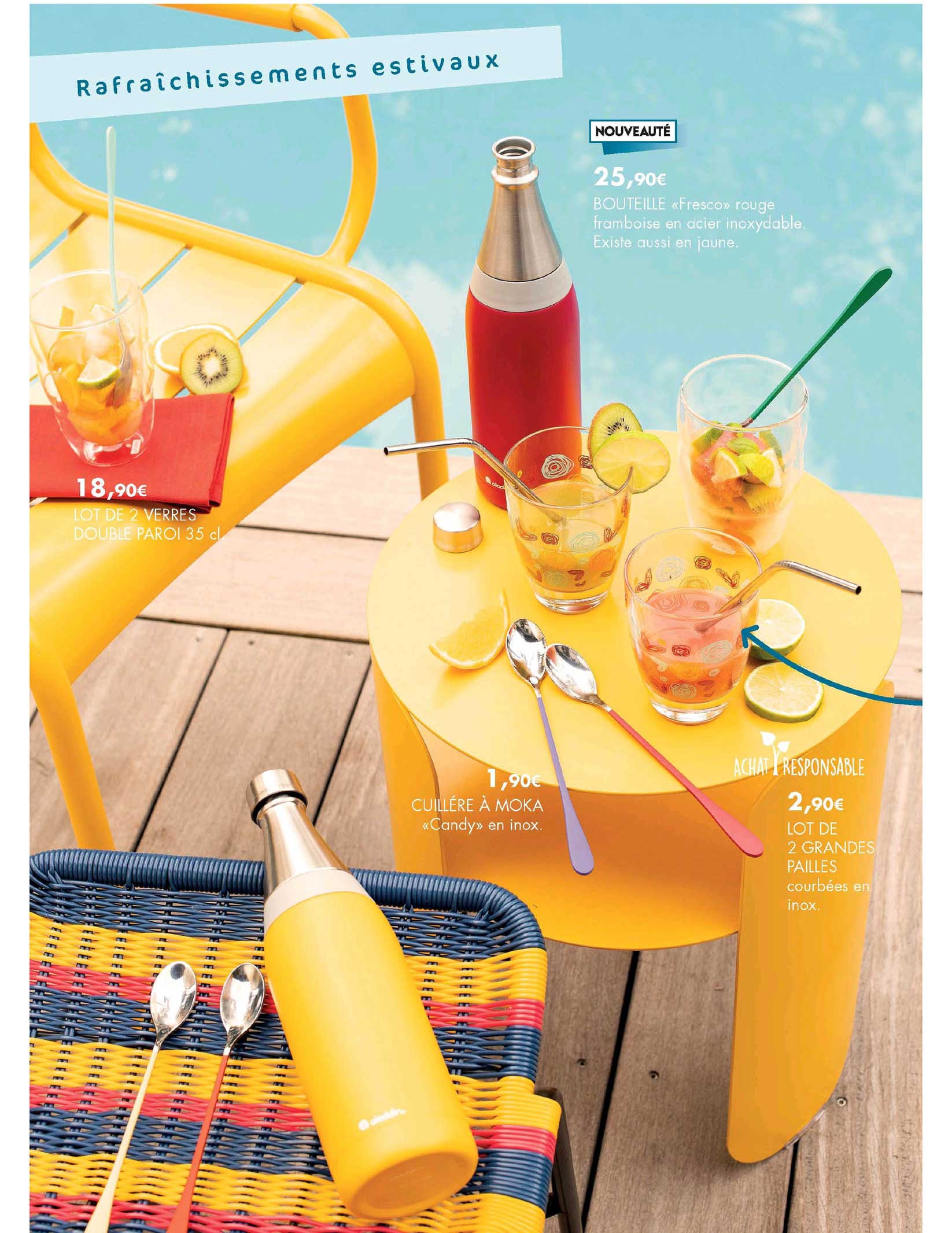 lot de 2 verres double parois 35 cl, bouteille "fresco", cuillère à moka "candy" inox, lot de 2 grandes pailles