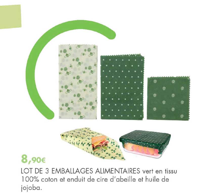 Lot De 3 Emballages Alimentaires Vert En Tissu