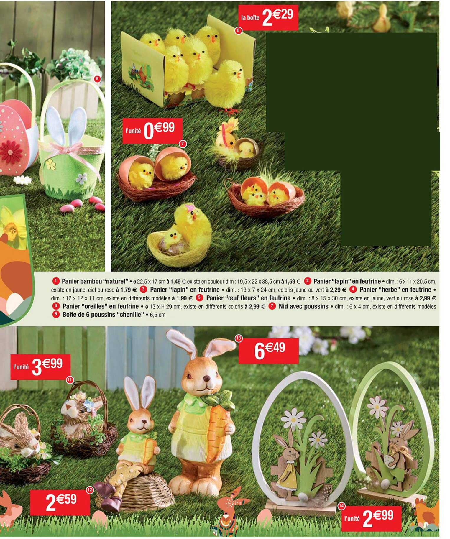 panier bambou "naturel", panier "lapin" en feutrine, panier "lapin" en feutrine, panier "herbe" en feutrine, panier "œuf fleurs" en feutrine, panier "oreilles" en feutrine, nid avec  poussins