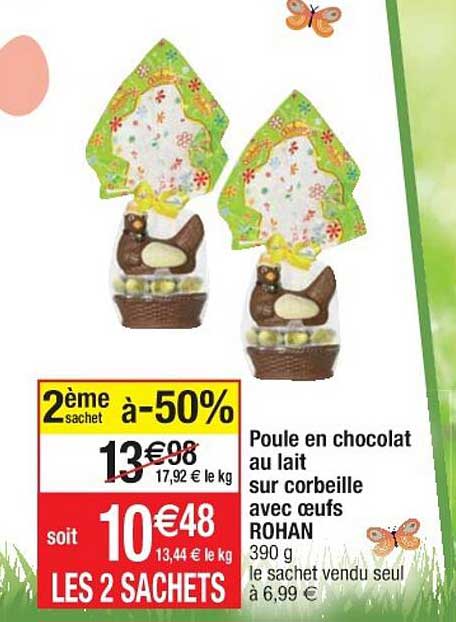 poule en chocolat au lait sur corbeille avec oeufs rohan