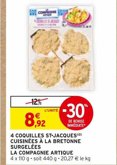 4 coquilles st-jacques cuisinées à la bretonne surgelées la compagnie artique