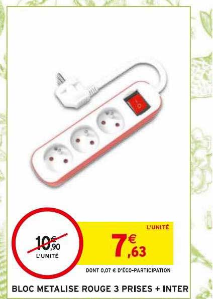 bloc métallisé rouge 3 prises + inter