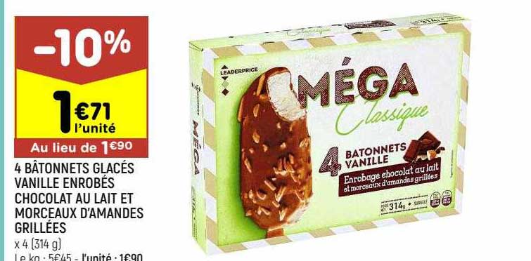 4 bâtonnets glacés vanille enrobés chocolat au lait et morceaux d'amandes grillées