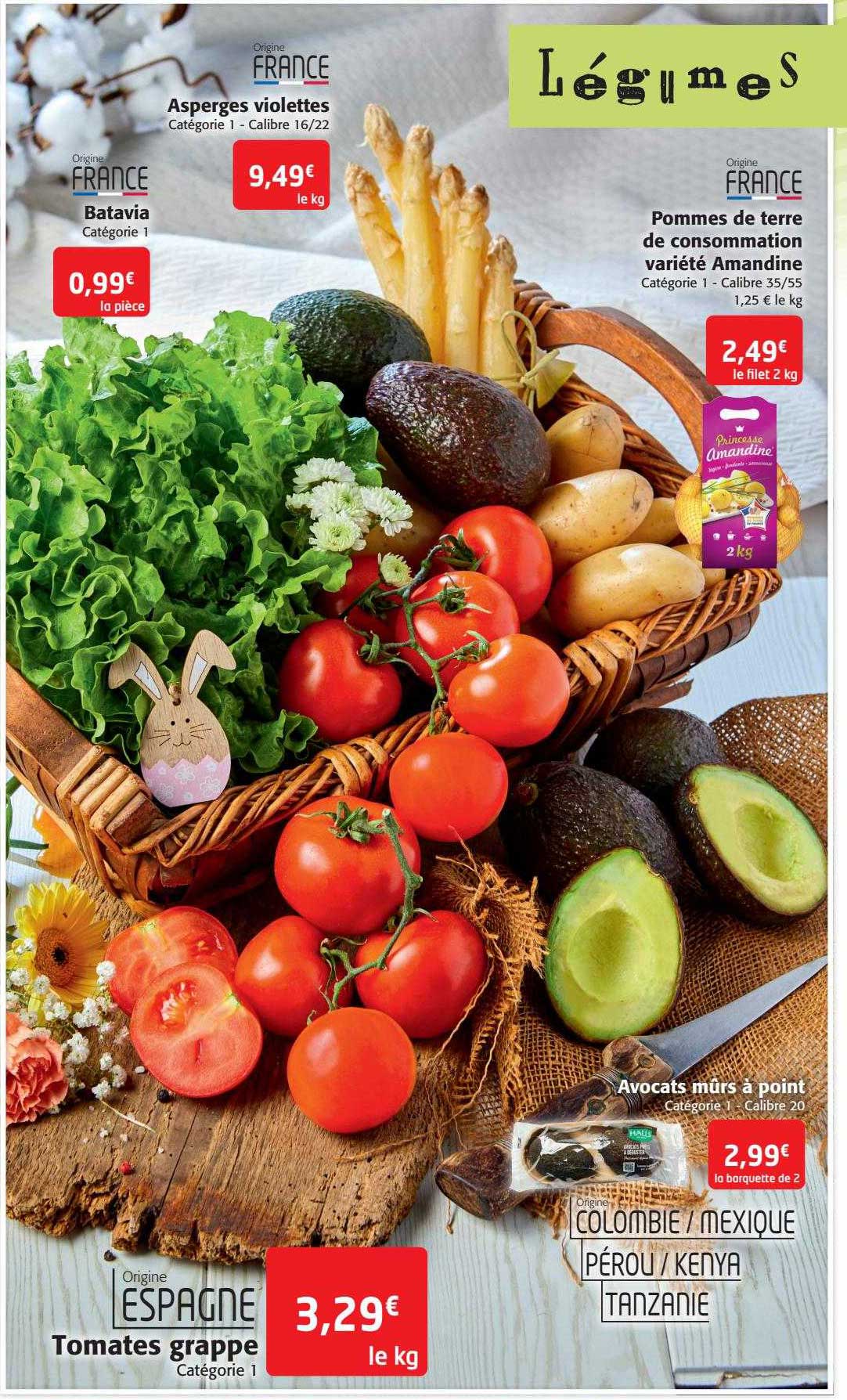 asperges violettes, batavia, pommes de terre de consommation variété amandine, tomates grappe, avocats mûrs à point