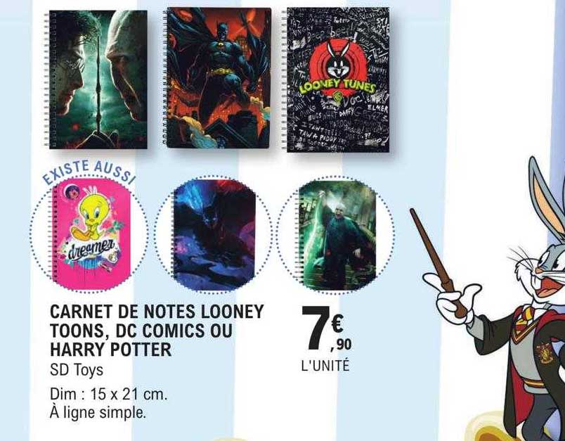 carnet de notes looney toons, dc comics ou harry potter