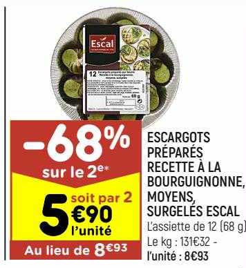escargots préparés recette à la bourguignonne, moyens, surgelés escal
