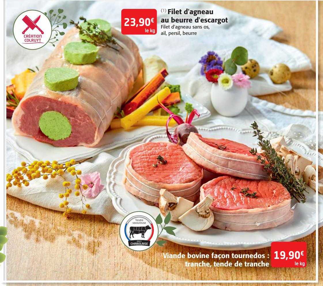 filet d'agneau au beurre d'escargot, viande bovine façon tournedos : tranche, tende de tranche