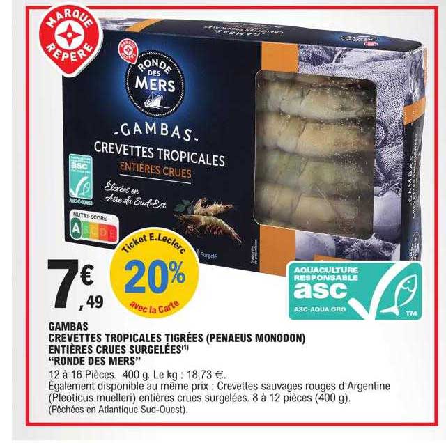 gambas crevettes tropicales tigrées (penaeus monodon) entières crues surgelées "ronde des mers"