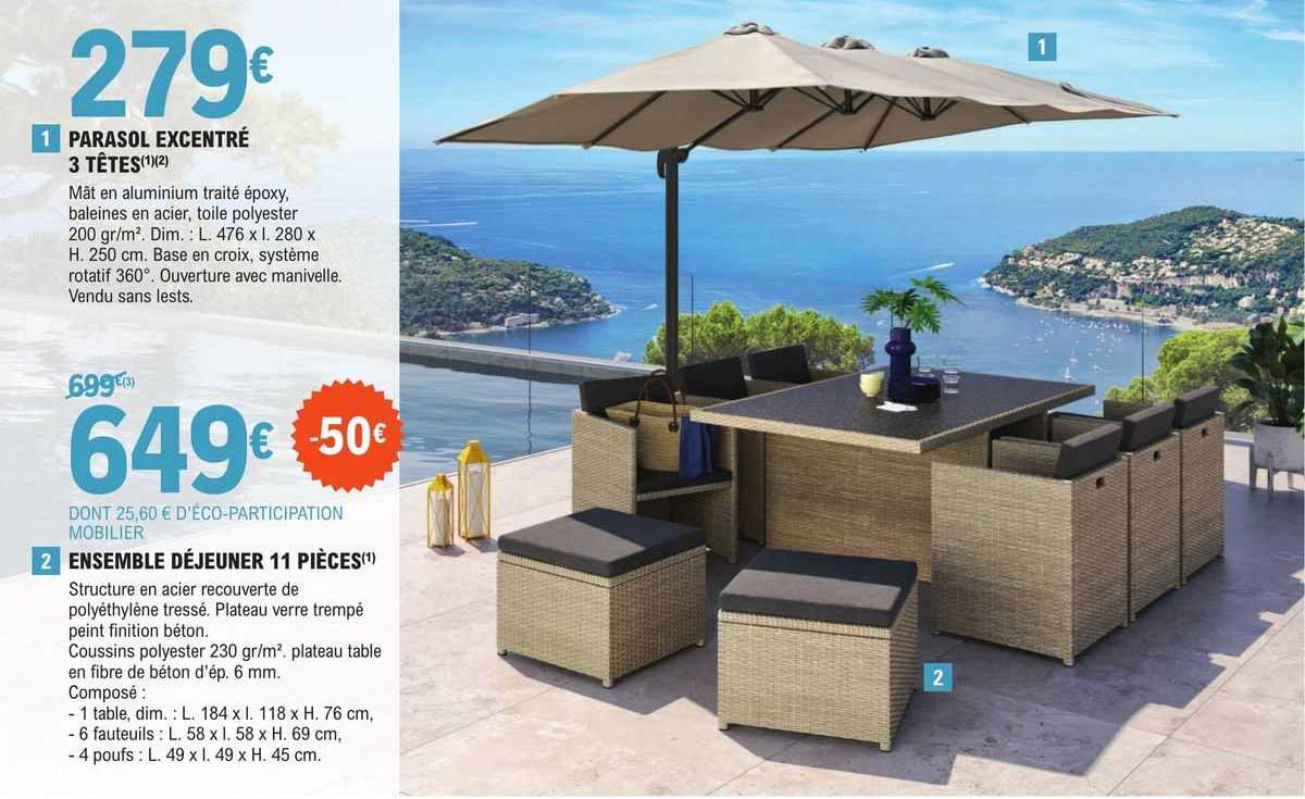 1- parasol excentré 3 têtes 2- ensemble déjeuner 11 pièces