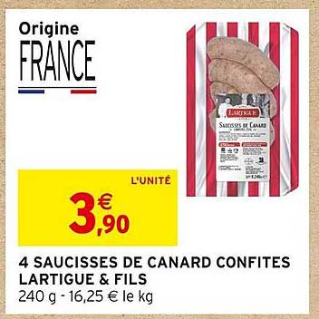 4 saucisses de canard confites lartigue & fils