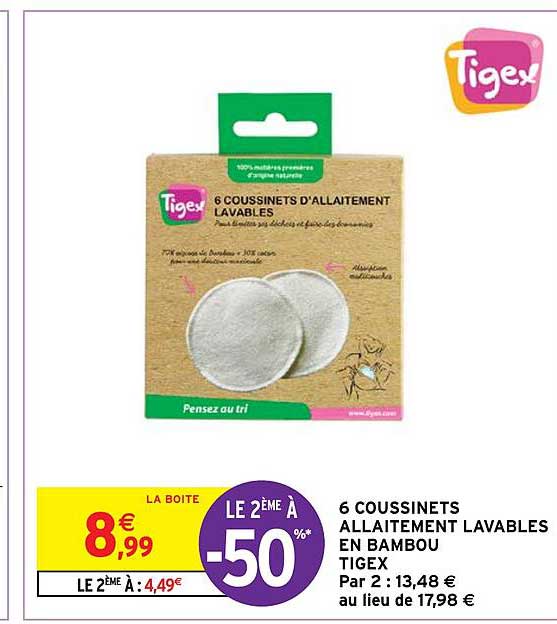 6 coussinets allaitement lavables en bambou tigex
