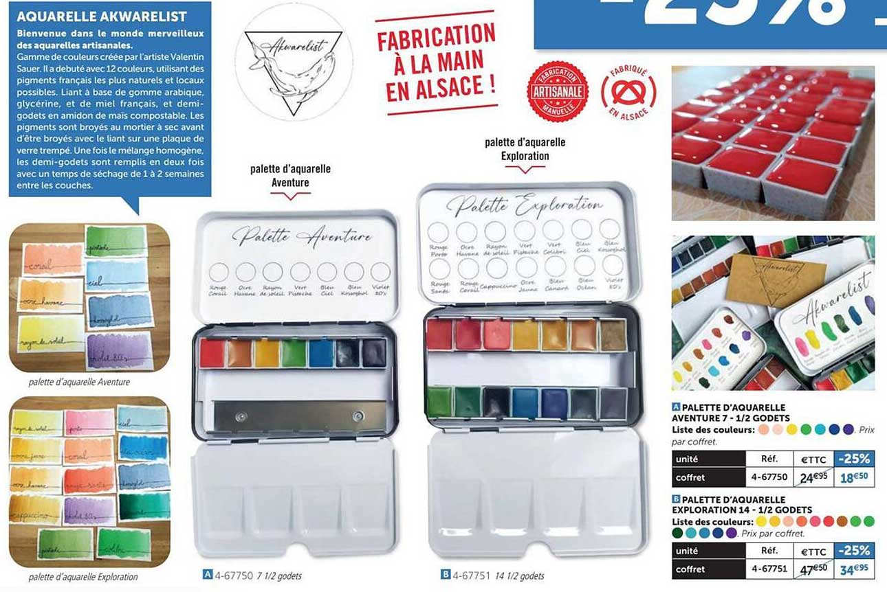 a- palette d'aquarelle aventure 7 - 1/2 godets b- palette d'aquarelle exploration 14 - 1/2 godets