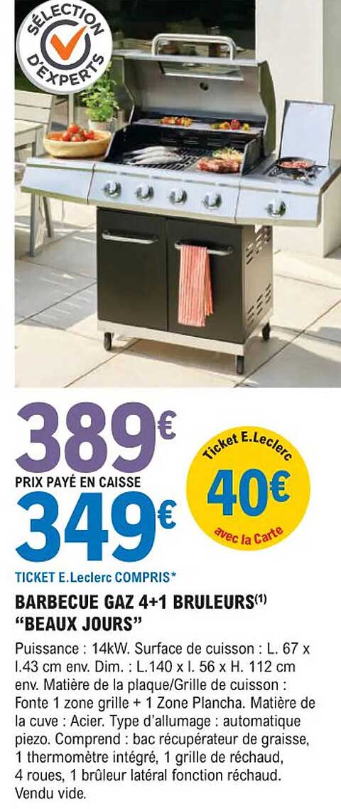 barbecue gaz 4+1 brûleurs "beaux jours"