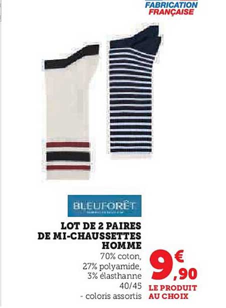 bleuforêt lot de 2 paires de mi-chaussettes homme