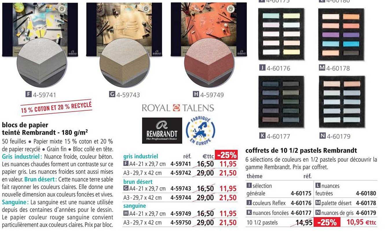 blocs de papier teinté rembardt - 180 g/m2 coffret de 10 1/2 rembrandt
