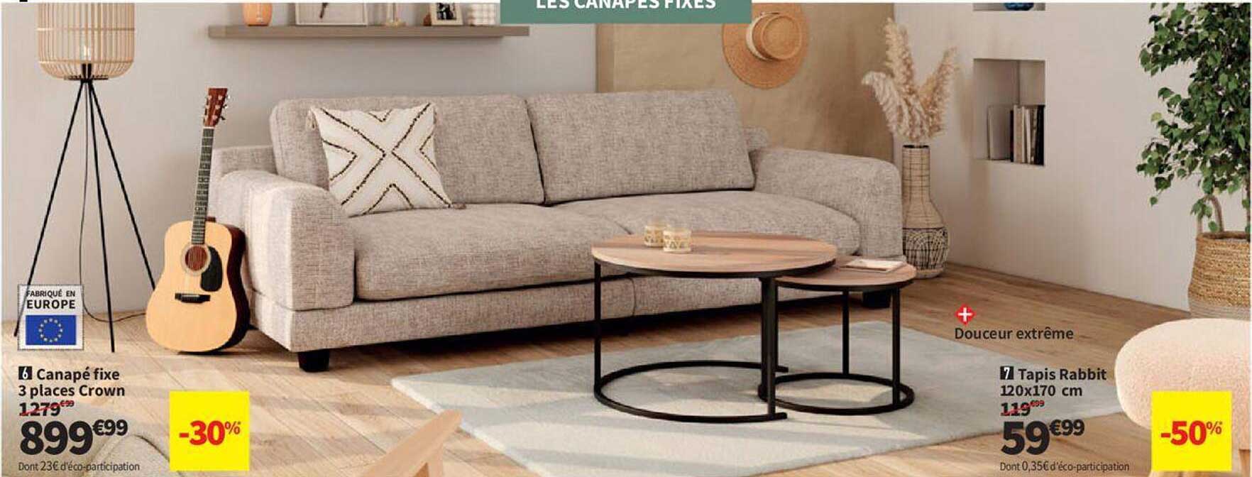 canapé fixe 3 places crown , tapis rabbit 120 x 170 cm