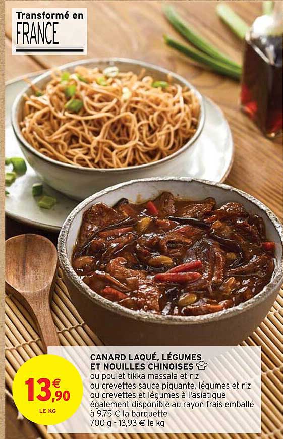 canard laqué, légumes et nouilles chinoises