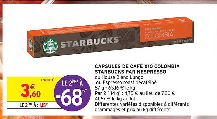 capsules de café x10 colombia starbucks par nespresso