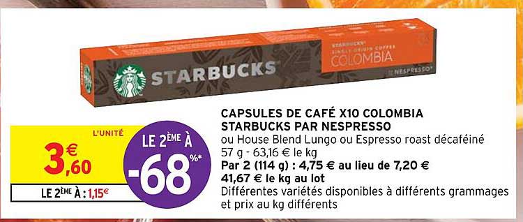 capsules de café x10 colombia starbucks par nespresso