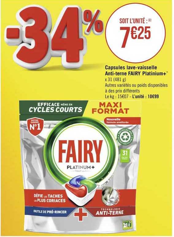 capsules lave-vaisselle anti-terne fairy platinium+