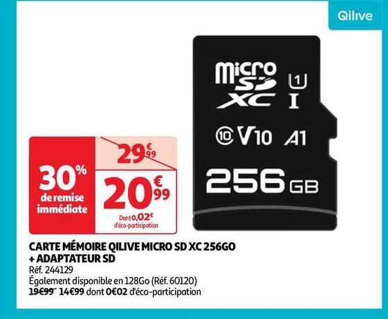 Carte Mémoire Qilive Micro Sd Xc 256 Go + Adaptateur Sd