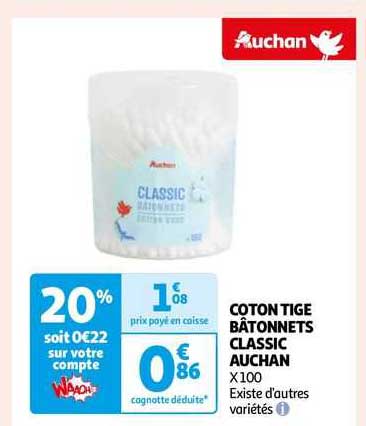 coton tige bâtonnets classic auchan