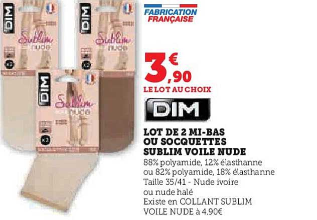 dim lot de 2 mi-bas ou socquettes sublim voile nude