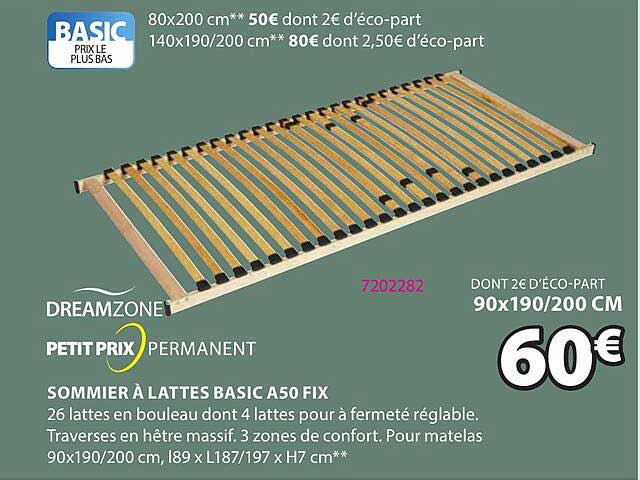 dreamzone petit prix permanent sommier à lattes basic a50 fix