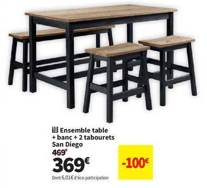 ensemble table + banc + 2 tabourets san diego