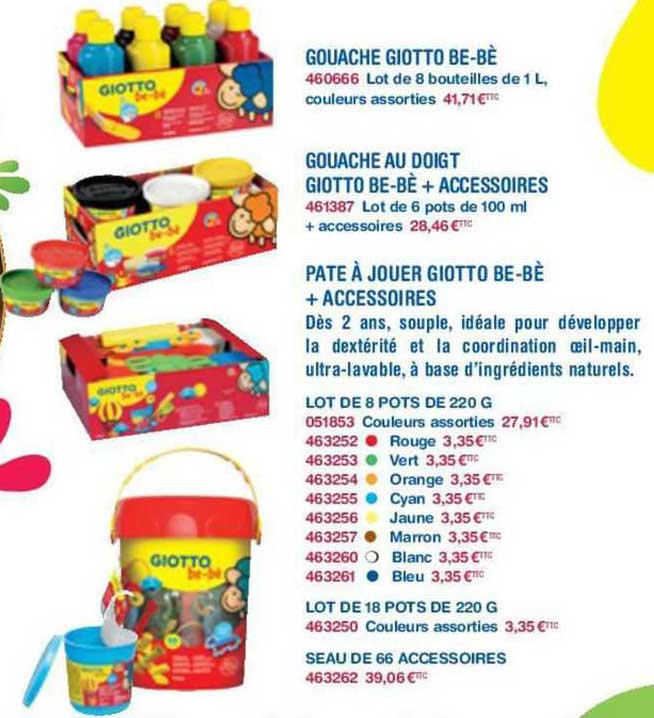 gouache giotto be-bè ou au doigt giotto be-bè + accessoires ou pate à jouer giotto be-bè + accessoires