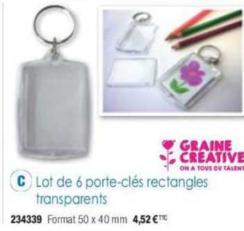 graine creative lot de 6 porte-clés rectangles transparents