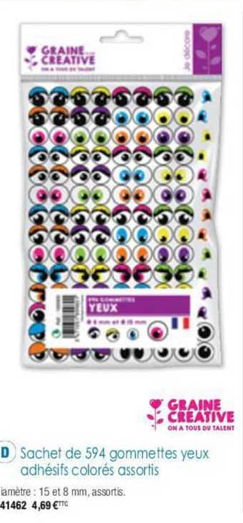 graine creative sachet de 594 gommettes yeux adhésifs colorés assortis