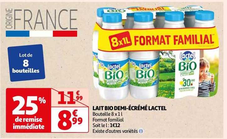 lait bio demi-écrémé lactel