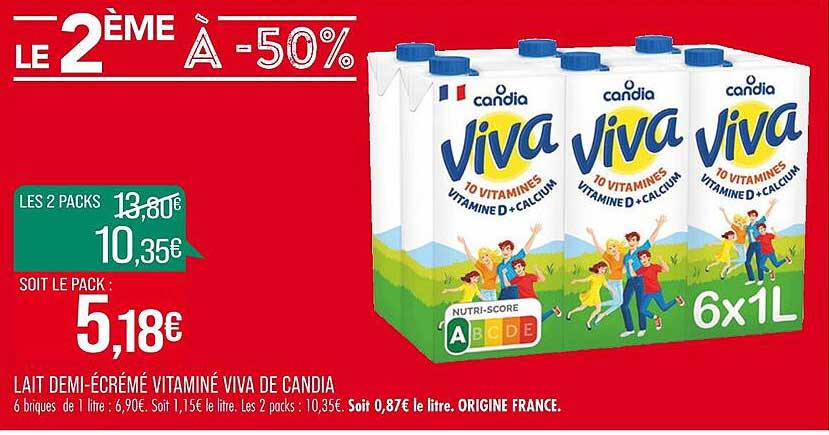 lait demi-écrémé vitaminé viva de candia