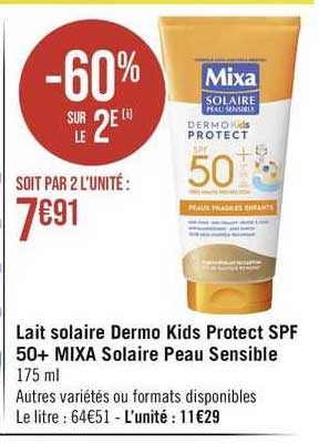 lait solaire dermo kids protect spf 50+ mixa solaire peau sensible
