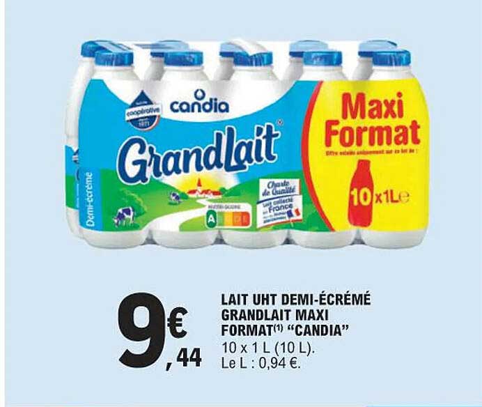 lait uht demi-écrémé grandlait maxi format "candia"
