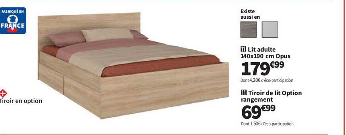 lit adulte 140 x 190 cm opus, tiroir de lit option rangement