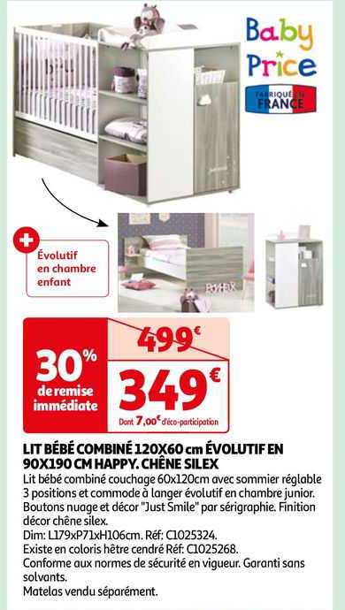 lit bébé combiné 120 x 60 cm évolutif en 90 x 190 cm happy. chêne silex