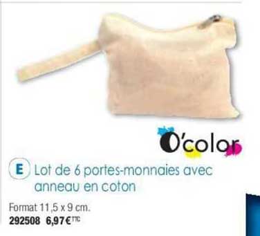 lot de 6 porte-monnaie avec anneau en coton o'color