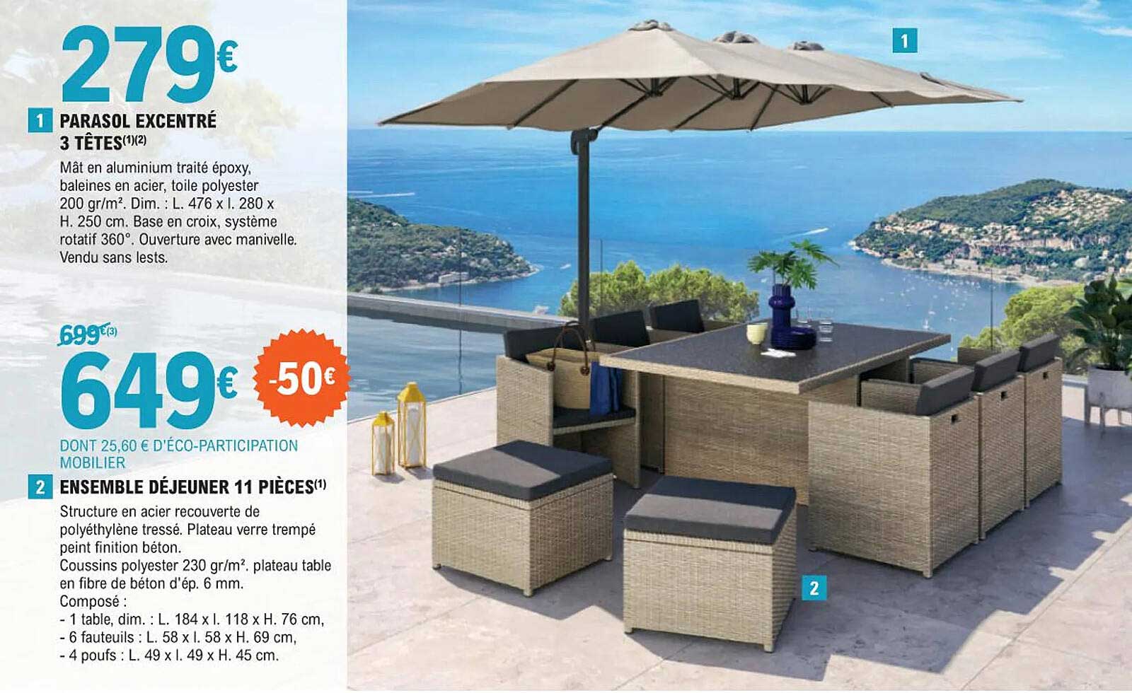 parasol excentré 3 têtes, ensemble déjeuner 11 pièces